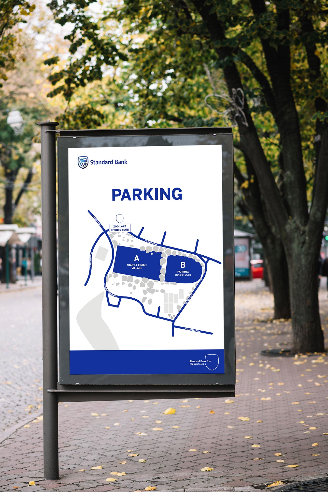 Standard Bank Run parking wayfinding poster on a street unit