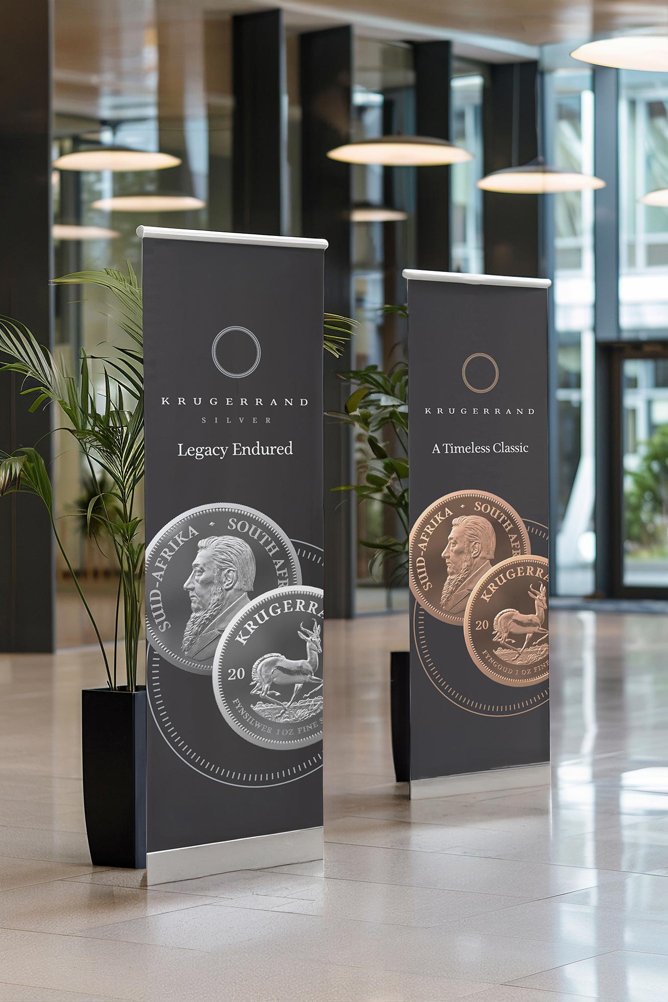 Krugerrand silver and gold pull-up banners in a foyer