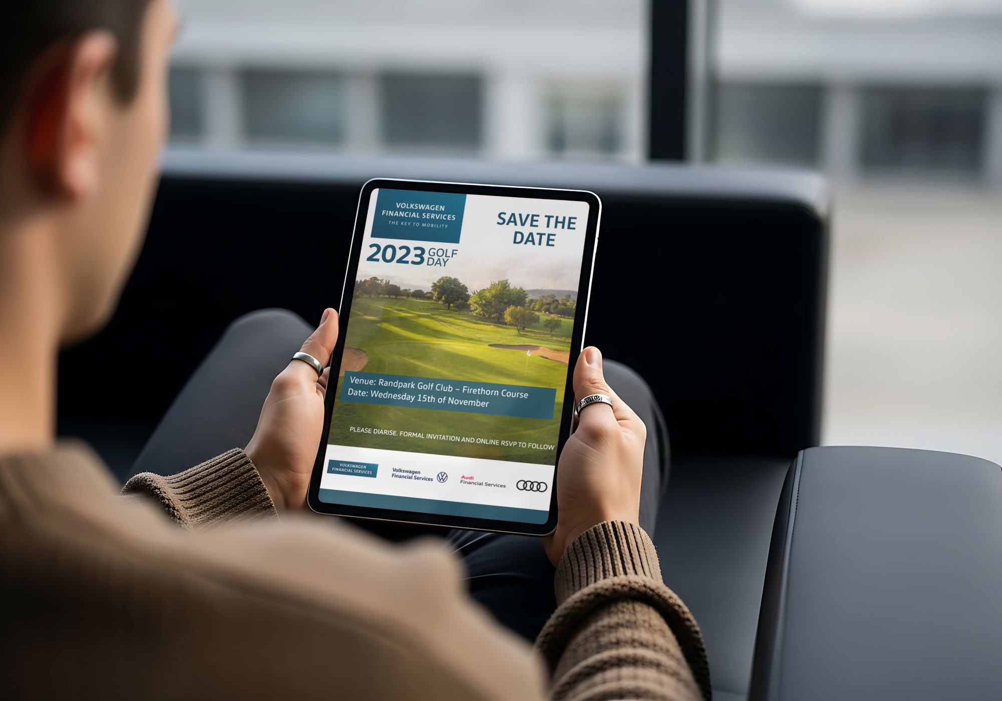Volkswagen Financial Services Golf Day save-the-date on a tablet for Interlock Events, by Druff Agency Pretoria