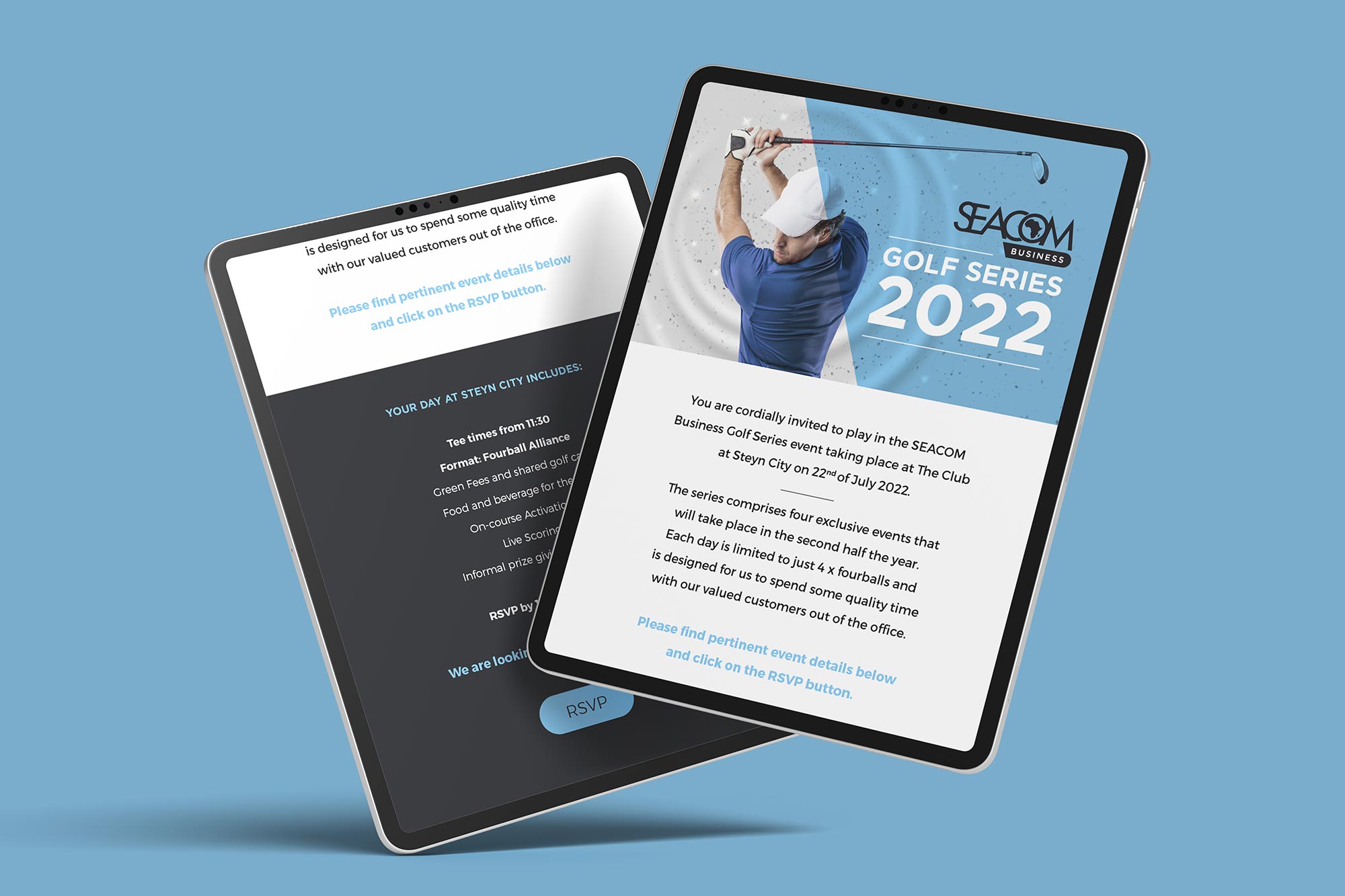SEACOM Golf Series electronic mailer on tablets for Interlock Events, by Druff Agency Pretoria