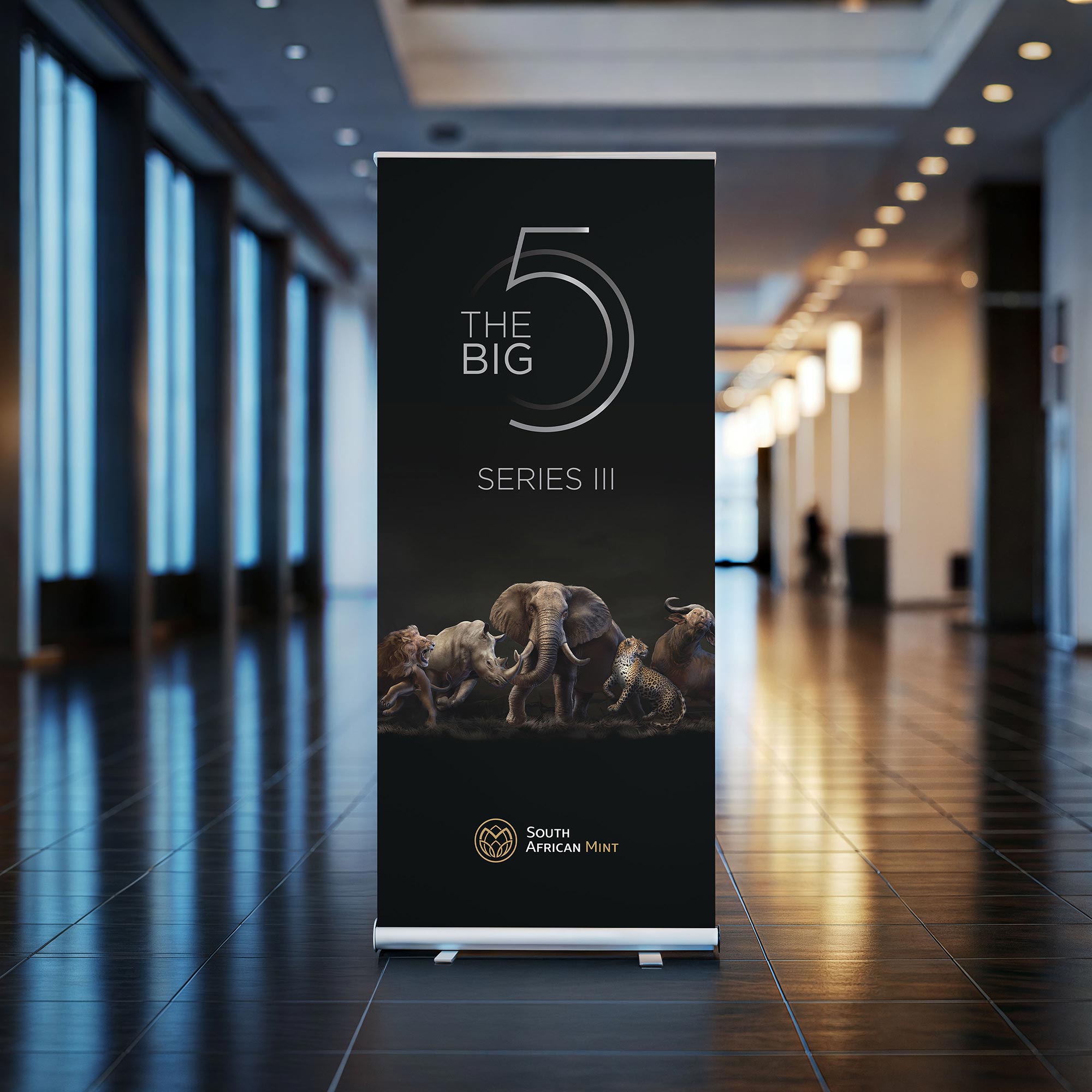 The Big 5 Series III pull-up banner in a lobby for the South African Mint, by Druff Agency Pretoria